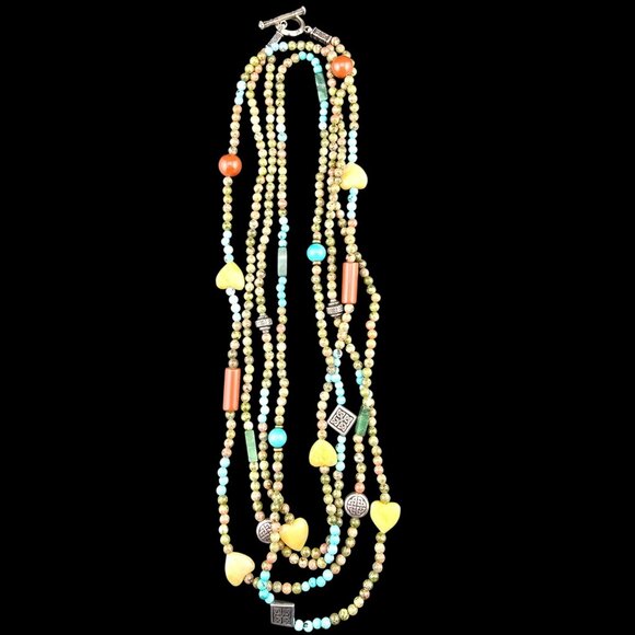 Multi-Strand Beaded Necklace With Heart Accents Easter Spring Boho - Picture 4 of 9